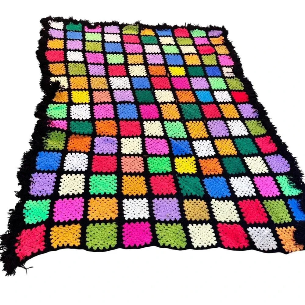 Crochet Granny Square Blanket Boho Multicolor Fringe Throw 100